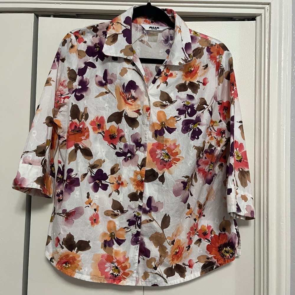 Alia Petites Floral Button Front Blouse 3/4 Sleeve White Orange‎ Purple Size 12P
